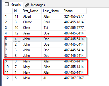 Query result to find duplicate rows in table