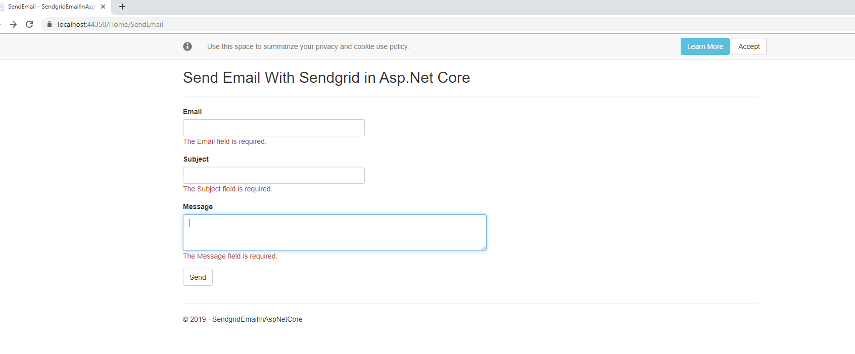 Testing the Asp.net Core Email With Sendgrid with empty inputs